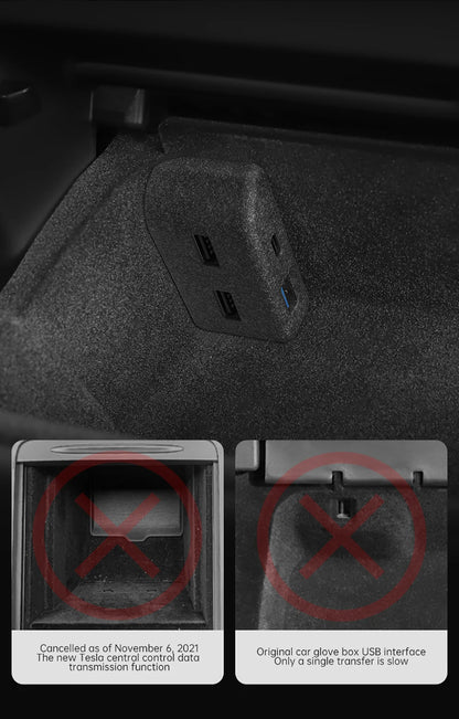 YZ Glove Box Docking Station For Tesla Model 3 Y Juniper Highland Quick Charger 4 USB Shunt Hub Flocking Adapter Powered Splitte