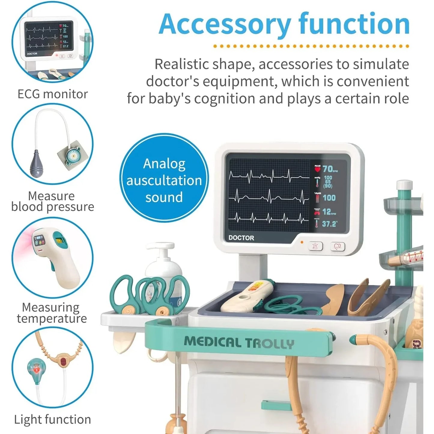 Kids Medical Kit Toy Pretend Play Doctor Games for Toddlers Medical Cart Kit Accessories Thermometer Stethoscope CT X-ray Toys