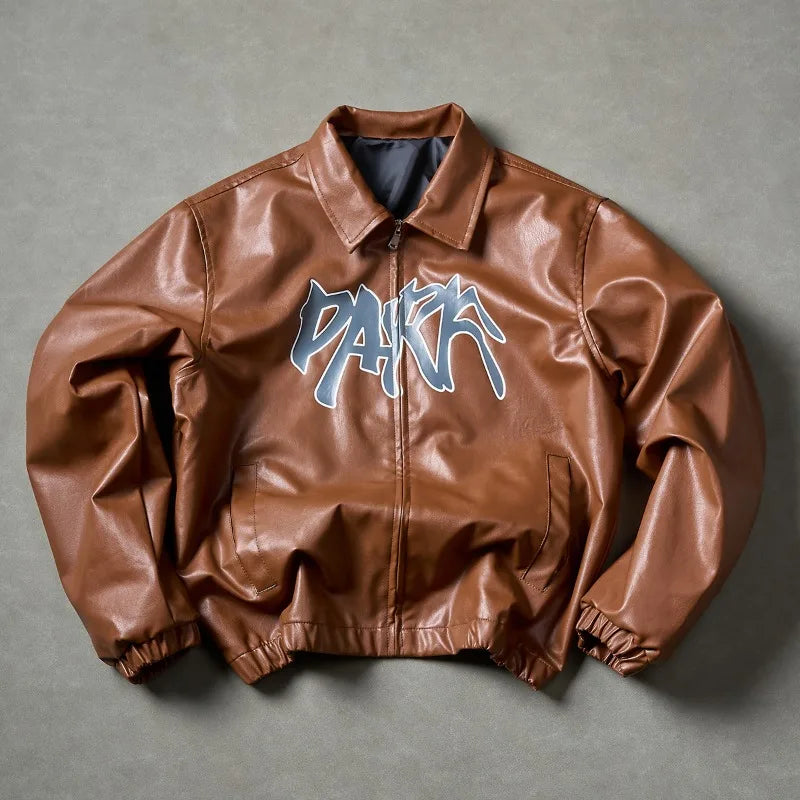 Men's High Street Faux Leather Jacket Retro Windproof Warm Coat Men Letter Print Lapel Collar Motorcycle Street Style Outerwear