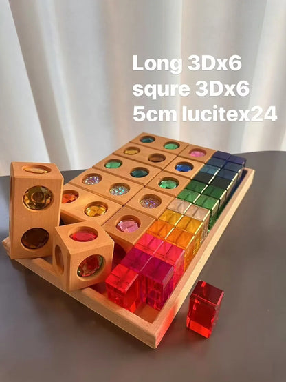 New Kids Acrylic Sparkling 6 sides 3D Gems Wooden Blocks Toy Rainbow Lucite Crystal Steps Building Play Birthday Gift