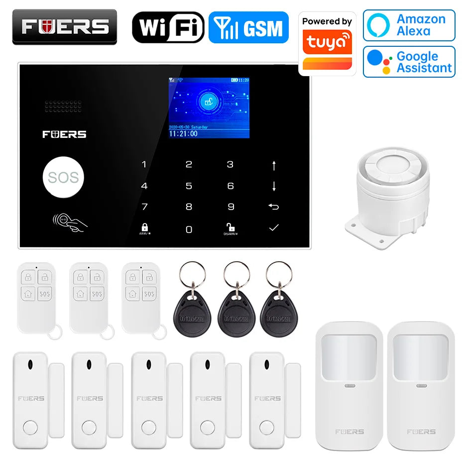FUERS WIFI GSM Alarm System Wireless Home Burglar Security Alarm System works with Tuya Smart APP Control Motion Detector Sensor