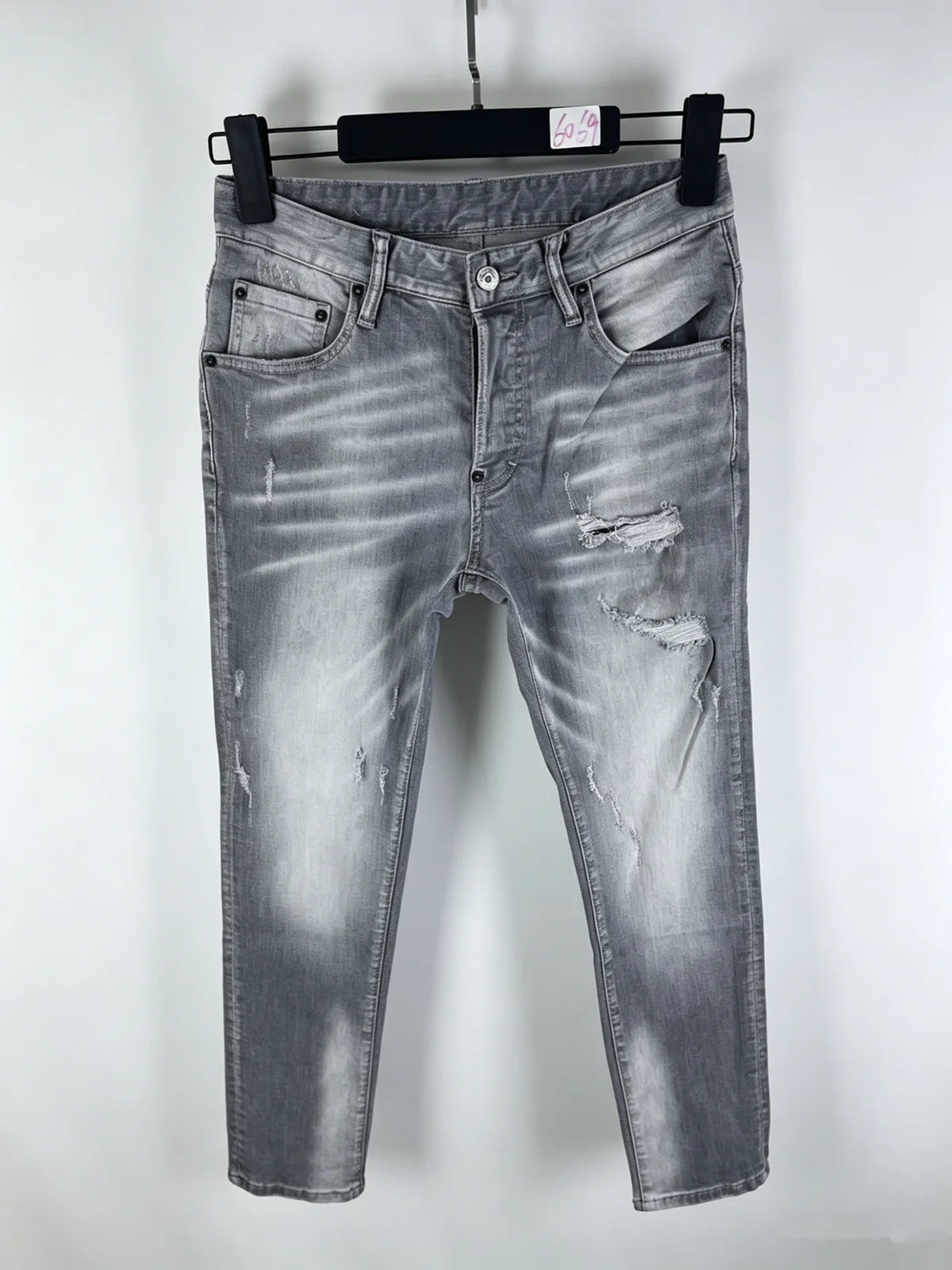 6058 Four Seasons New Men's Wash Grinding Hole Patch Paint Splash Ink Micro-bullet Leg Grey Jeans for Men