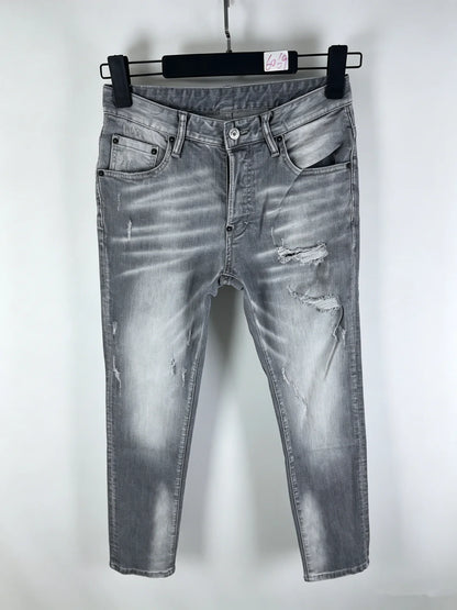 6058 Four Seasons New Men's Wash Grinding Hole Patch Paint Splash Ink Micro-bullet Leg Grey Jeans for Men