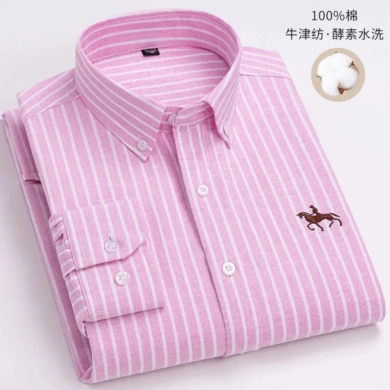 New 100% Cotton Oxford Shirt For Men's Long Sleeve Solid Casual Business Regular-Fit Formal Dress Shirts Social Blouse S-6XL