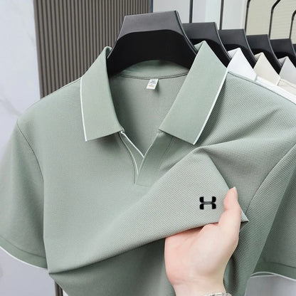 New Summer Men Striped Trim Collar Polo Shirt, Solid Quick Dry Breathable Plain Short Sleeve Top Mens Apparel