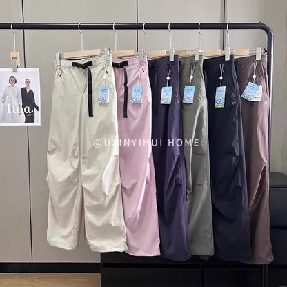 Lightweight Breathable Quick-Dry Paratrooper Pants Women's Casual Loose Fit Sunscreen Waist Cord Trousers Korean Style High W...