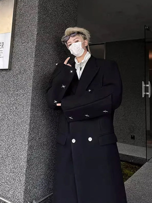 Autumn Winter Men's Shoulder Length Woolen Coat over Knee Double Breasted Windbreaker Outerwear Fashionable Korean Style