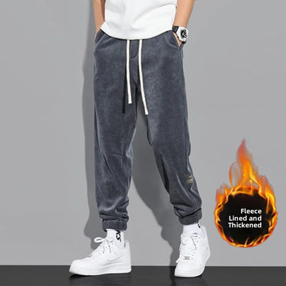 Trendy Retro Corduroy Joggers Men's Autumn Winter 2025 New Fleece Lined Loose Sports Casual Pants Comfortable Long Trousers