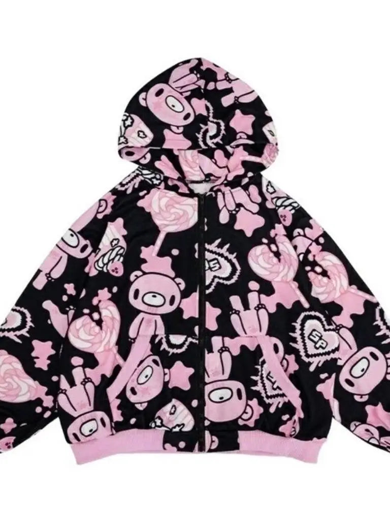 Street Style Harajuku Bear Hoodie Sweatshirt Sweet Cool Candy Pink Violent Bear Subculture Outerwear Loose Fit Long Sleeve