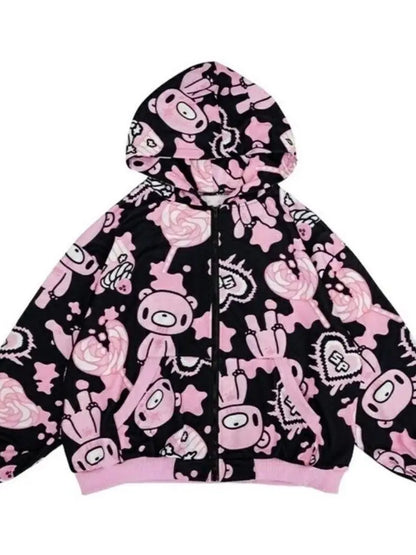 Street Style Harajuku Bear Hoodie Sweatshirt Sweet Cool Candy Pink Violent Bear Subculture Outerwear Loose Fit Long Sleeve
