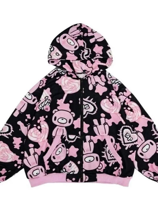 Street Style Harajuku Bear Hoodie Sweatshirt Sweet Cool Candy Pink Violent Bear Subculture Outerwear Loose Fit Long Sleeve
