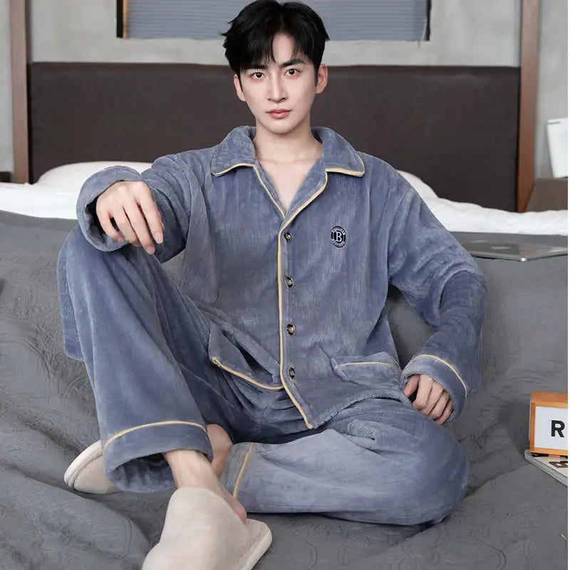 Men's Sleepwear Coral Fleece Flannel Thick Warm Cardigan Home Clothes Autumn Winter Long Sleeve Button up Comfortable Pajamas