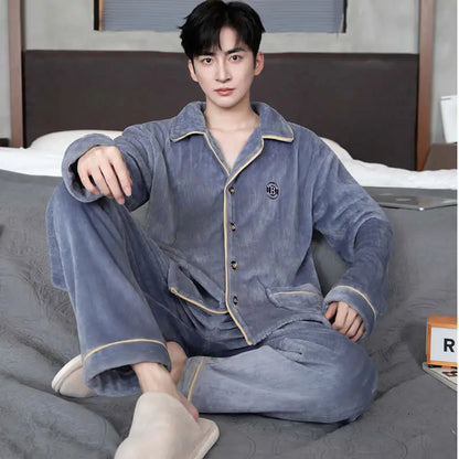Men's Sleepwear Coral Fleece Flannel Thick Warm Cardigan Home Clothes Autumn Winter Long Sleeve Button up Comfortable Pajamas