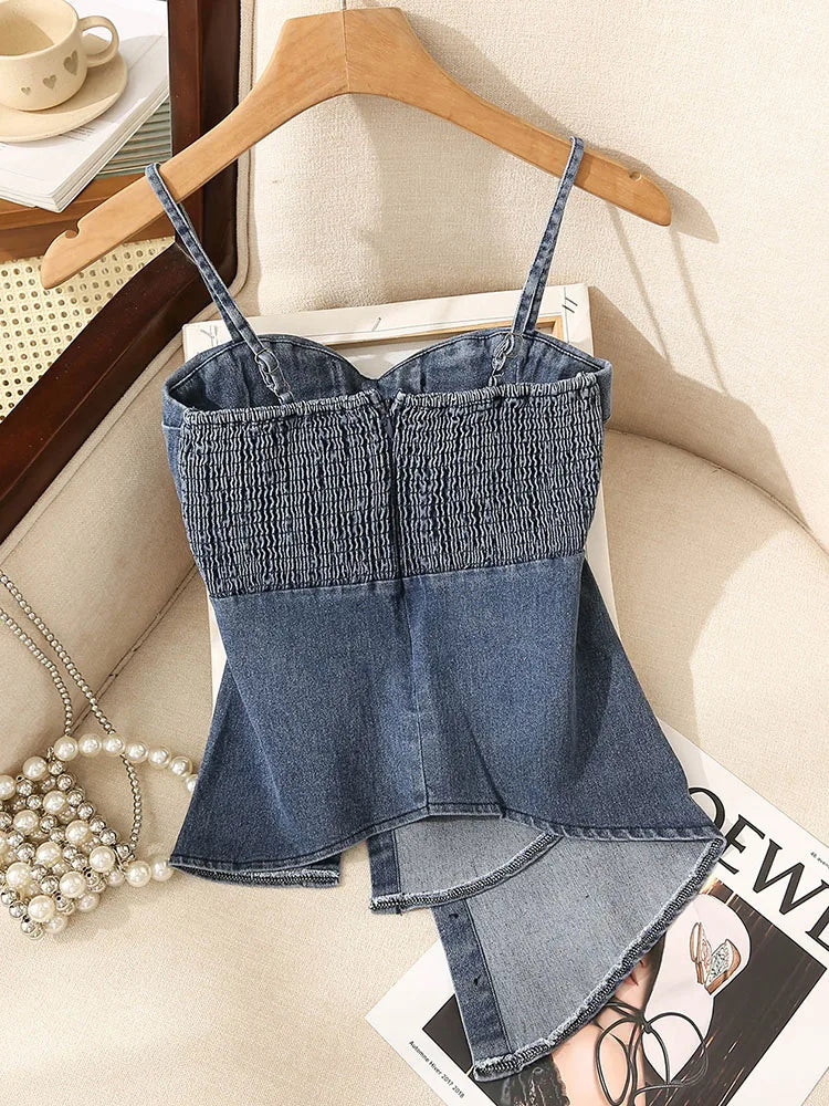Irregular Halter Neck Denim Crop Top Women Summer Outdoor Wear with Chest Pad Slimming Sexy Girl Shirt Short Length Zipper