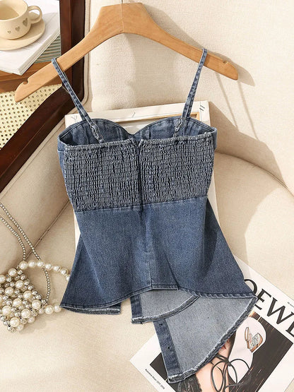 Irregular Halter Neck Denim Crop Top Women Summer Outdoor Wear with Chest Pad Slimming Sexy Girl Shirt Short Length Zipper