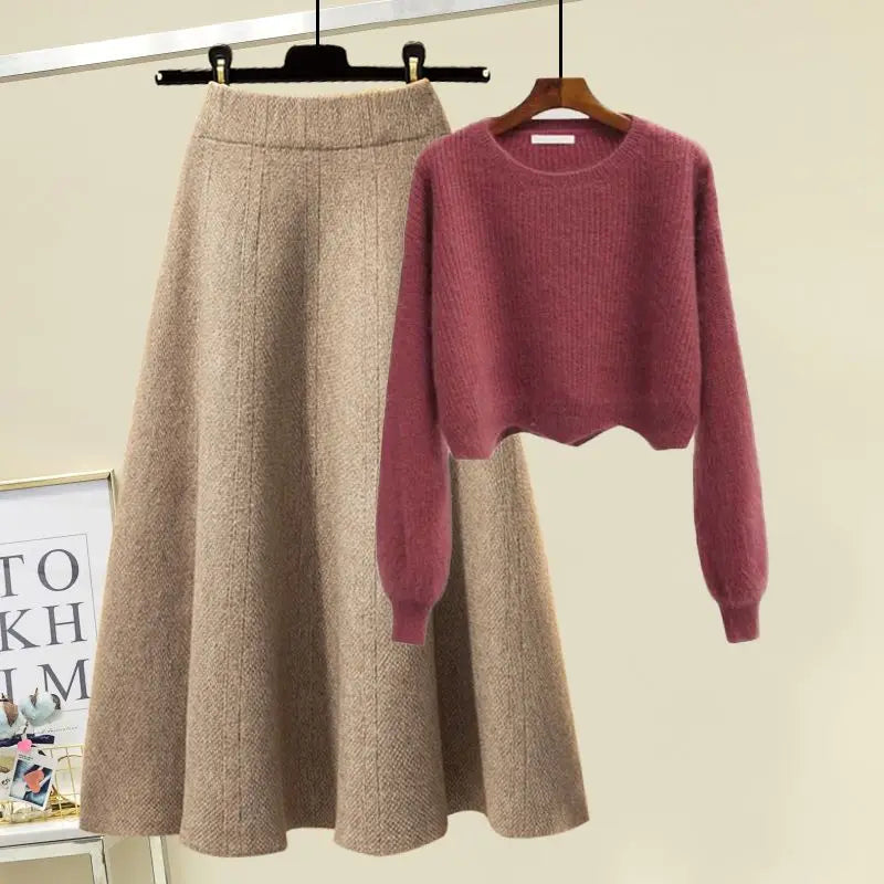 plus Size Women's Autumn Winter Knitted Sweater White Half-length Skirt Two-piece Set Slimming Concealing Anti-aging