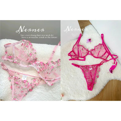 Sweet Sexy Lace Lingerie Set, Floral Embroidery Sheer Mesh, Thin Cooling, Big Bust Relief, Japanese Daily Women Underwear 32-38