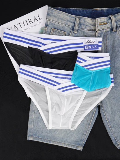 3 PCS Men's Ice Silk Ultra-Thin Barely-There Mesh Sheer Briefs, Striped V-Shape Elastic Waistband Summer Daily Commute Underwear