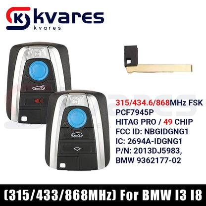 CHWARES 315/433/868 3+1/4 Button Smart Remote Car Key Shell Fob Case For BMW I3 I8 2014 2015 2016 2017 2018 With Uncut Key Blade