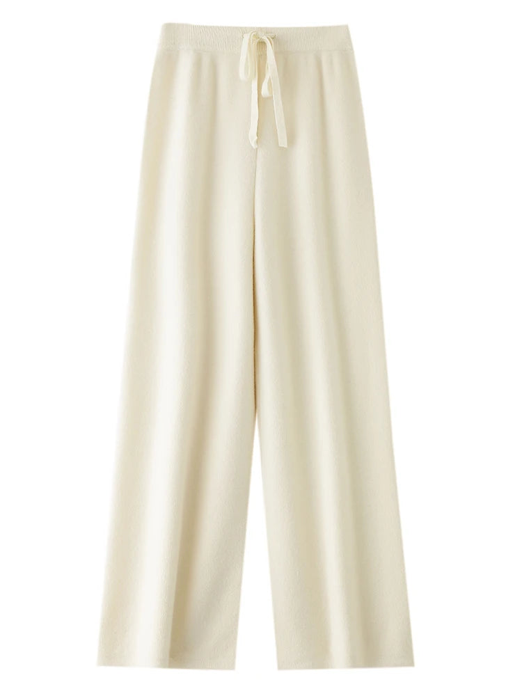 Chic Wide-Leg Pants Women's Autumn Winter Solid Color 100% Merino Wool Knitted Casual Loose Soft Thick Warm Popular Trousers