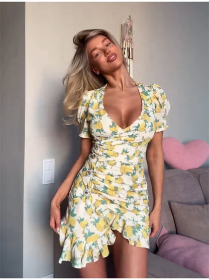 Chic Deep V-neck Floral Print Sheer Full Sleeve Women Dress Elegant Ruffle Hem Waist-cinching Slim Fit Dresses 2026 Party Wears