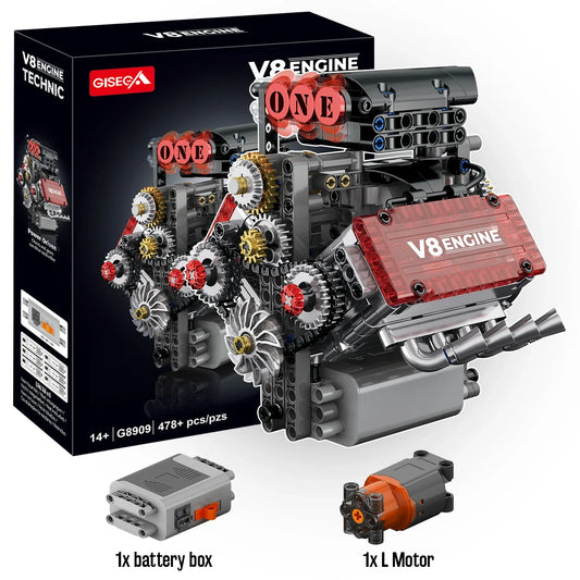 478PCS V8 Engine Building Block with L Motor Battery Case Box Car Model Technical Assembly Bricks Educational Toys Birthday Gift