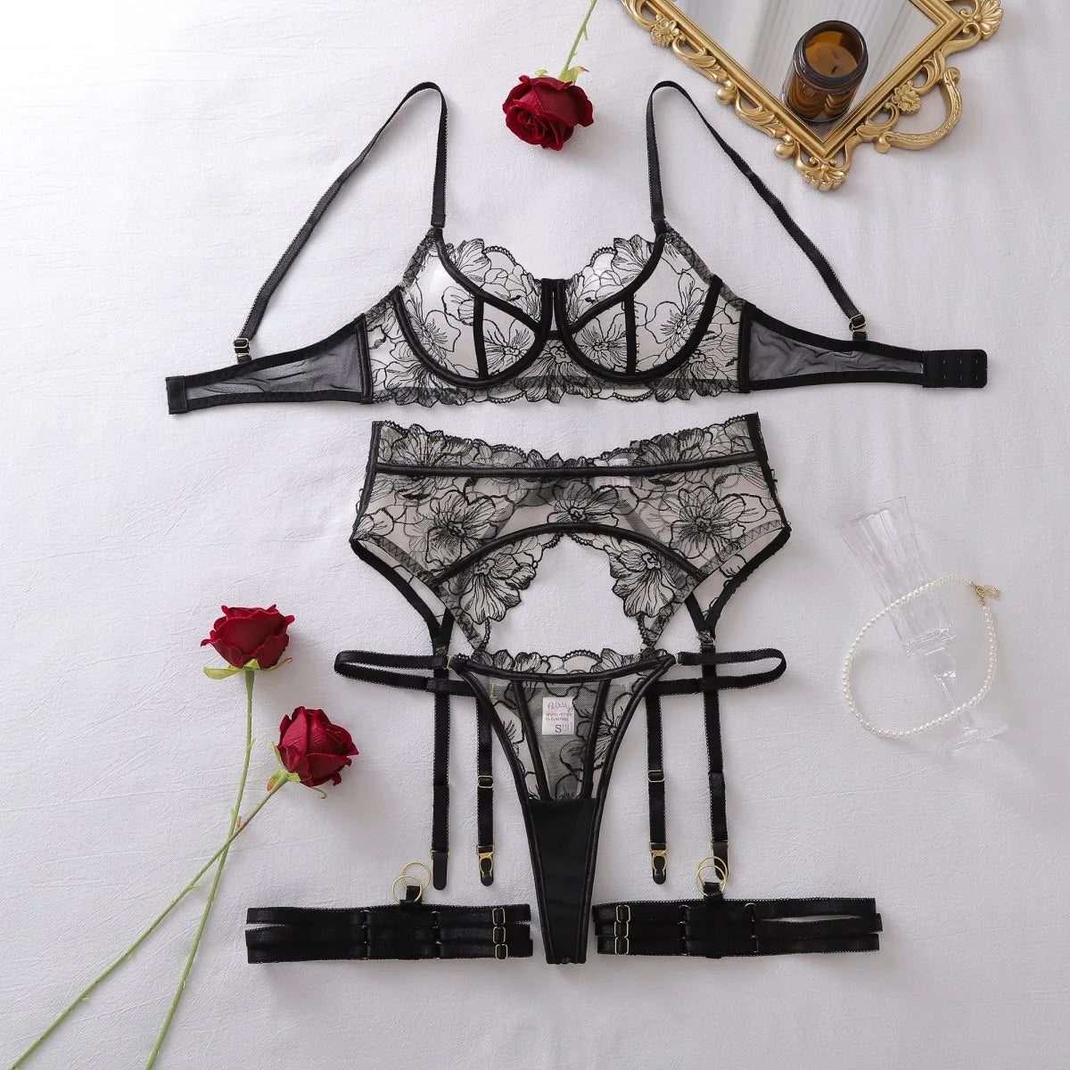 French Women's Lingerie Sets Fantasy Embroidered Bra Belt Thong with Leg Circles Elegant Floral Romantic Cute Miss Underwear New
