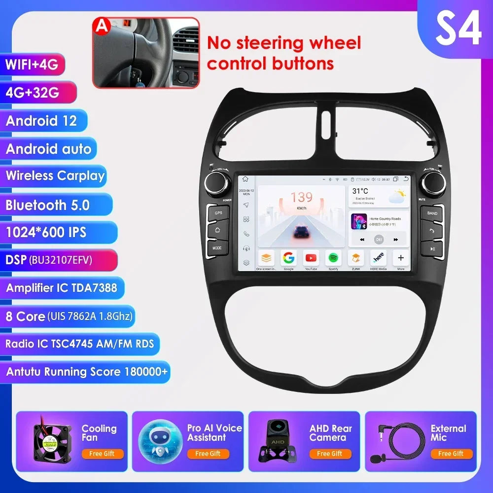 Android 14 Car radio for PEUGEOT 206 206CC 206SW 2000-2005 2006 2007 2008 Multimedia player GPS navi Video 7862 2din Autoradio