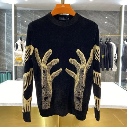 Men's Clothing Crewneck Hippie Graphic Black Pullovers Knit Sweater Male Round Collar Warm Korean Style Elegant Maletry Fun Old