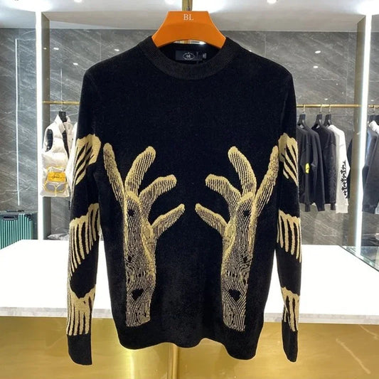 Men's Clothing Crewneck Hippie Graphic Black Pullovers Knit Sweater Male Round Collar Warm Korean Style Elegant Maletry Fun Old
