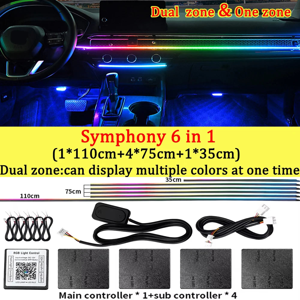 10/14/18/22 in 1 Dual Zone Hidden Acrylic RGB 64/213 Color Symphony Streamer Auto Interior Car Ambient Light Kit APP Control 12V