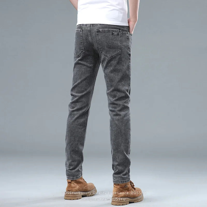 Spring Summer Stretch Pencil Cargo Jeans Gray Men High Street Casual Denim Trousers Fashion Straight Little Feet Men's Pants Man