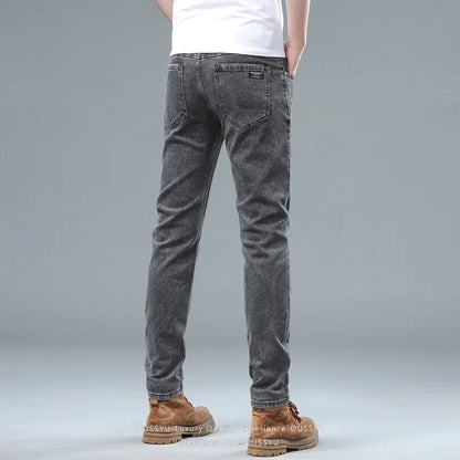 Spring Summer Stretch Pencil Cargo Jeans Gray Men High Street Casual Denim Trousers Fashion Straight Little Feet Men's Pants Man