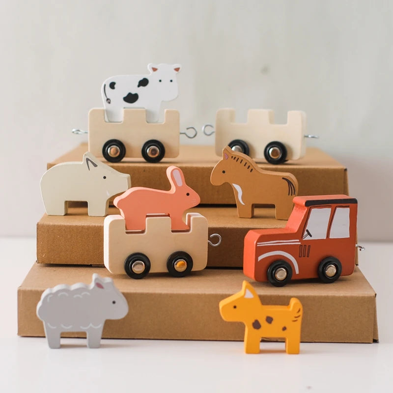 Baby Wooden Building Blocks Train Farm Animals Stacking Educational Toys Children Montessori Stacker Toys for Children Gifts