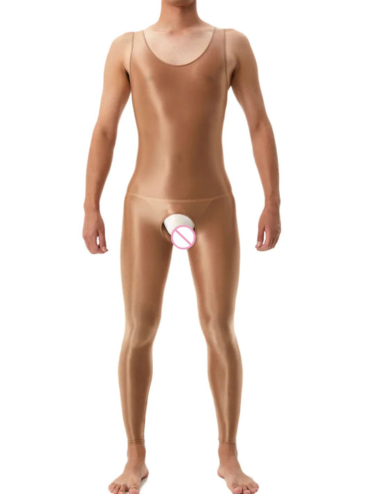 Sexy Crotchless Satin Oil Glossy Shiny Bodysuit Sheer See Through Yoga Tights Elastic Shaping Leotard Jumpsuit Candy Color