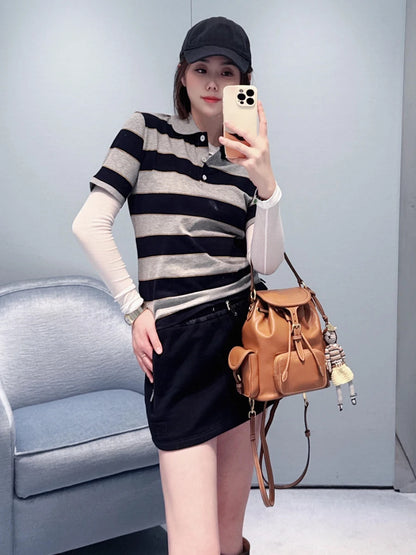 Sweet Cool Girl Spring New Style Miu Style Embroidered Letter Grey Blue Color Block Stripe  Short Sleeve Women's Top