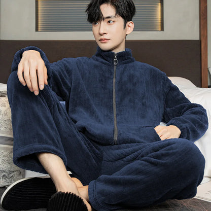 2025 New Couple Sleepwear Men's Autumn Winter Stand Collar Zipper Thick Long Sleeve Coral Fleece Home Clothes Men's Pyjamas