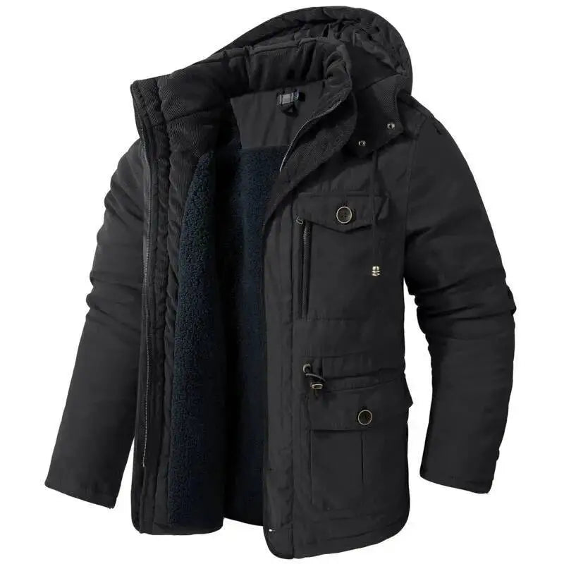 2025 Winter Men's American Fashion Versatile Hooded Cotton Jacket Thickened Multi Pocket Casual Simple Medium Length Top Coats