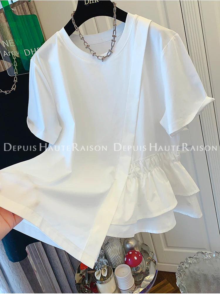 Loose Fit Pure Cotton Short Sleeve T-Shirt Women Summer Fashionable Casual Top Large Size 200 Pounds Asymmetrical Layering