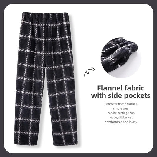 Men's Winter Thickened Fleece Coral Velvet Home Clothes Pants Plaid Patterned Home Pants Warm Comfortable mid Waist Elastic