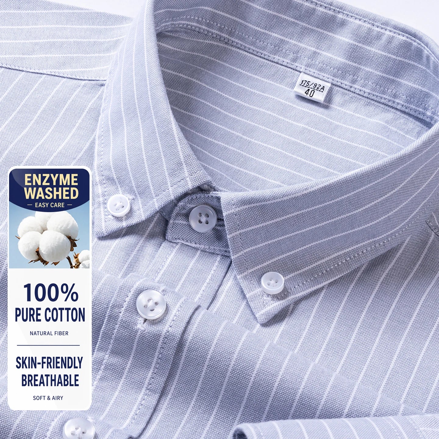 Men Cotton Oxford Shirt Long Sleeve Button Down Casual Business Shirt Pre-Shrunk Enzyme Washed Breathable Wrinkle Resistant