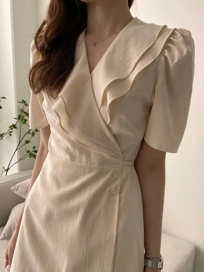 Retro Double Layered Collar Bubble Sleeve  Dress Elegant Short Sleeve V Neck Summer Casual Women's Dress