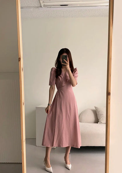Retro Double Layered Collar Bubble Sleeve  Dress Elegant Short Sleeve V Neck Summer Casual Women's Dress