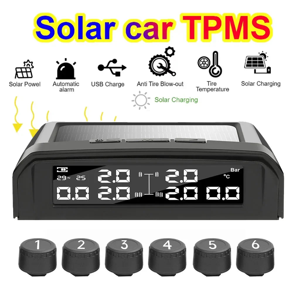 Temperature Warning Tire Pressure Monitoring System Solar TPMS With 6 External Sensors Car Tyre Pressure Monitor for   Truck RV
