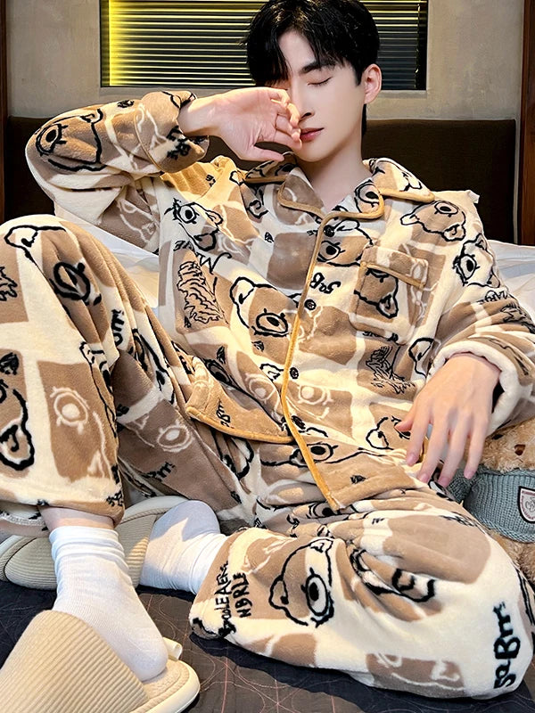 Men's Sleepwear Coral Fleece Flannel Thick Warm Cardigan Home Clothes Autumn Winter Long Sleeve Button up Comfortable Pajamas