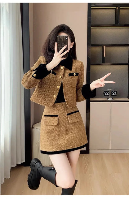 High-End  Style Women's Outerwear Set Autumn Winter New Design High Waist  Skirt Two-Piece Suit Fashionable And Warm