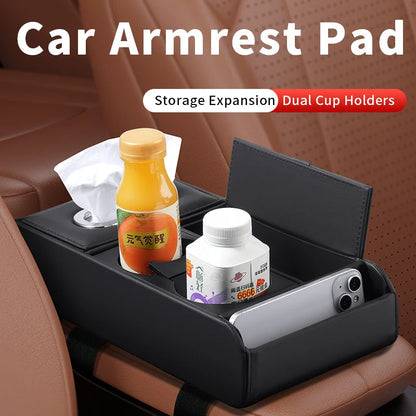 Car Armrest Storage Box Heightening Pad Tissue Box Water Cup Holder Multifunctional Car Storage Box Luxury Console Armrest Pad