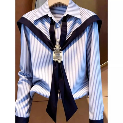 Design Stripe  Collar Shirt Women Spring Autumn White Enhancing Blue Large Size Stand Collar Slimming Top Polyester Long ...