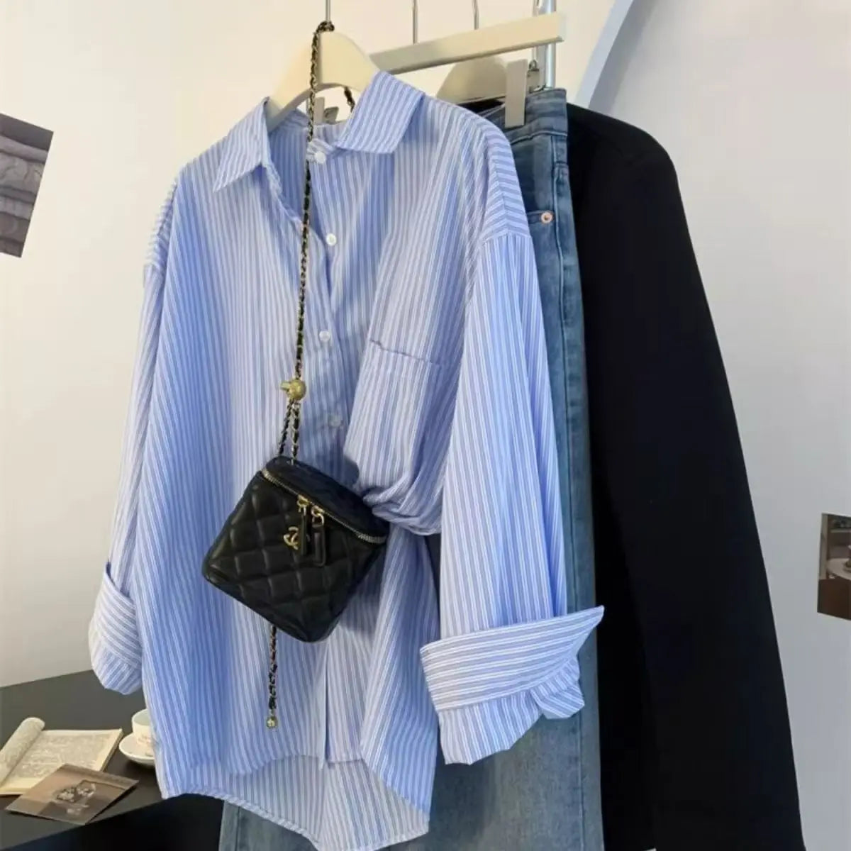 Retro Lazy Sle Blue Striped Women's Long Sve irt Spring Autumn Design Sense Small ence Outerwear Blouse