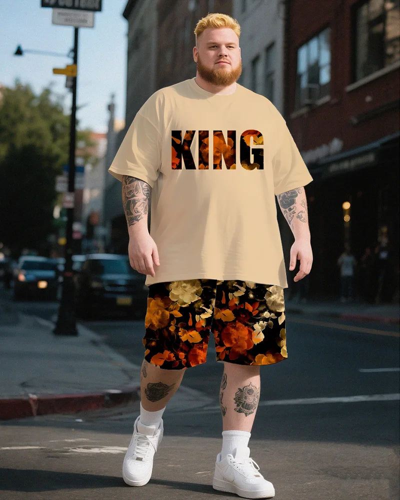 S-9XL Plus Size Men's Streetwear 2 Piece Outfit, King of Spades KING Crown Graphic Print Short Sleeve T-Shirt and Shorts Set